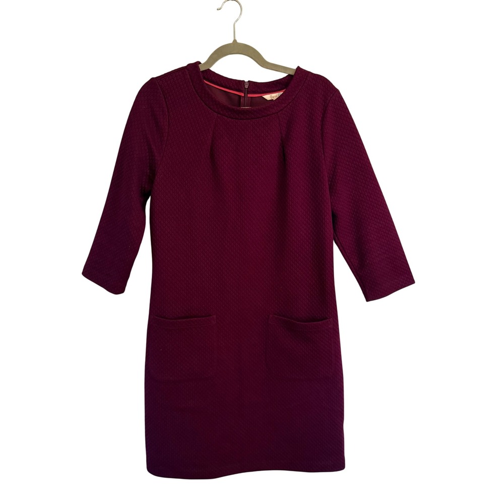 Boden Berry Purple Textured Quilted Jersey Shift Dress 3/4 Sleeve Pockets US 10R